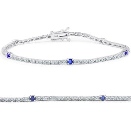 1 1/10 Ct Diamond & Genuine Blue Sapphire Tennis Bracelet 14k White Gold 7" (G-H, I1)