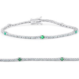 1 1/10 Ct Diamond & Genuine Green Emerald Tennis Bracelet 14k White Gold 7" (G-H, I1)