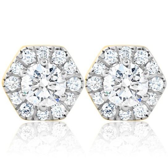 1Ct TW Diamond Studs Hexagon Halo Lab Grown Earrings White or Yellow Gold (G-H, VS)