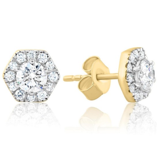 1Ct TW Diamond Studs Hexagon Halo Lab Grown Earrings White or Yellow Gold (G-H, VS)