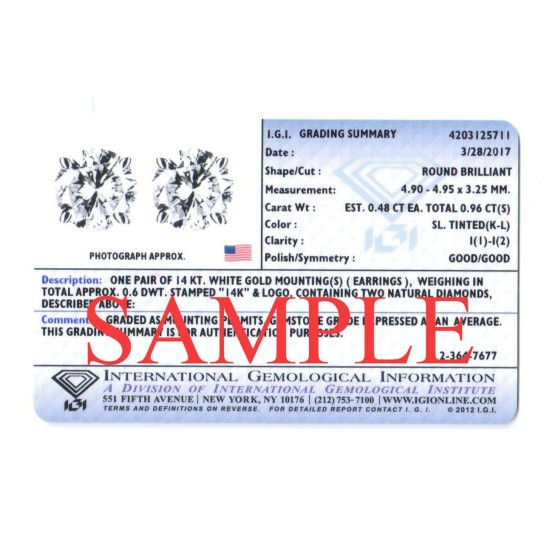 1 Ct TDW Platinum Diamond Screw Back Studs IGI Certified (K-L, I2-I3)