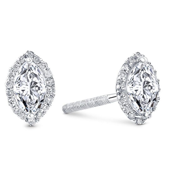 1/2Ct Marquise Halo Screw Back Diamond Studs White or Yellow Gold Earrings (G-H, I2-I3)