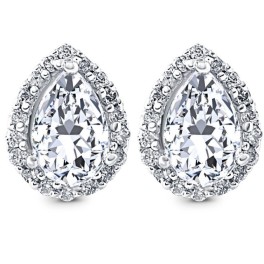 1/2Ct Pear Shape Halo Screw Back Diamond Studs White or Yellow Gold Earrings (G-H, I2-I3)