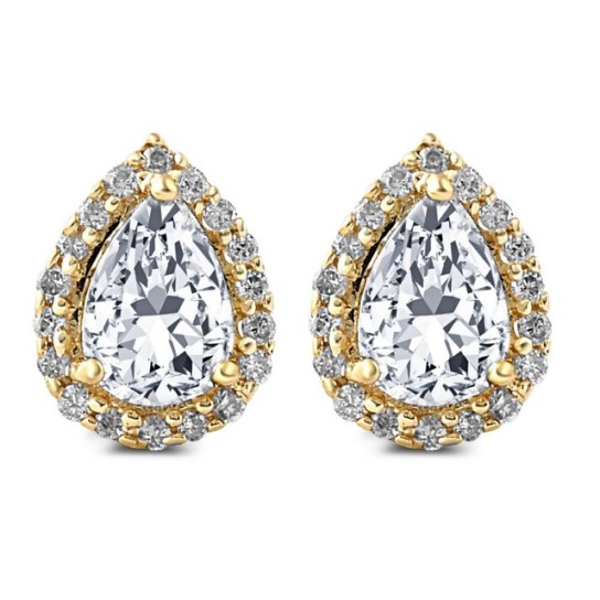 1/2Ct Pear Shape Halo Screw Back Diamond Studs White or Yellow Gold Earrings (G-H, I2-I3)