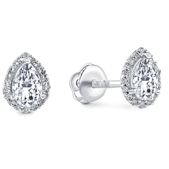 1/2Ct Pear Shape Halo Screw Back Diamond Studs White or Yellow Gold Earrings (G-H, I2-I3)