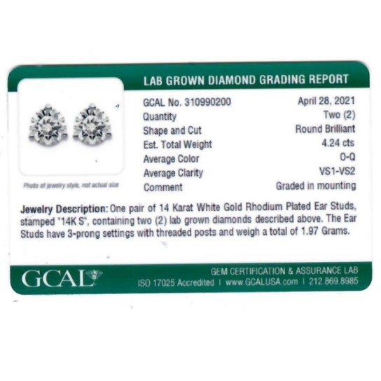 VS 4.24 Ct Lab Grown Certified Diamond Martini Screw Back Studs 14k White Gold (O-Q, VS)