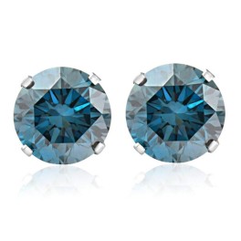 1 1/5 Ct T.W. Round Cut Blue Diamond Certified Studs 14k White Gold Lab Grown SI (Blue, SI)