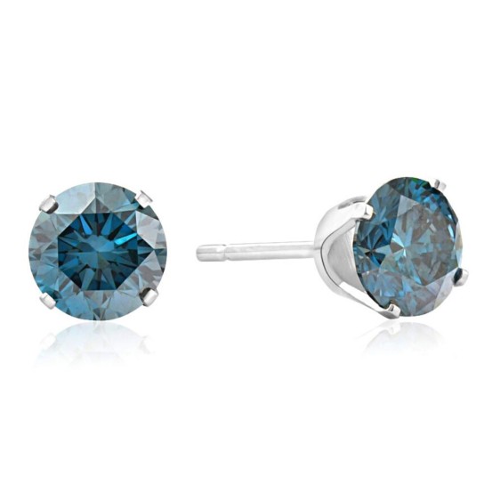 1 1/5 Ct T.W. Round Cut Blue Diamond Certified Studs 14k White Gold Lab Grown SI (Blue, SI)