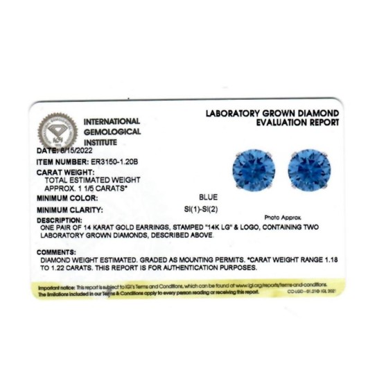 1 1/5 Ct T.W. Round Cut Blue Diamond Certified Studs 14k White Gold Lab Grown SI (Blue, SI)