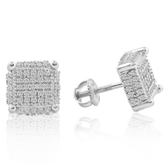 1/2Ct Natural Diamond Pave Square Earrings Screw Back Studs White Gold 8.7mm (G-H, I2-I3)