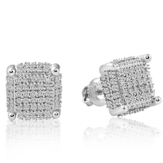 1/2Ct Natural Diamond Pave Square Earrings Screw Back Studs White Gold 8.7mm (G-H, I2-I3)