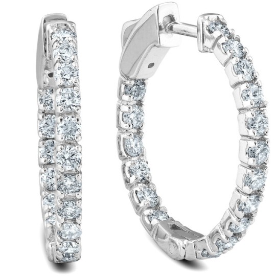 14k White or Yellow Gold 1Ct TW Round Natural Diamond Hoops 1" Tall (I-J, I2-I3)