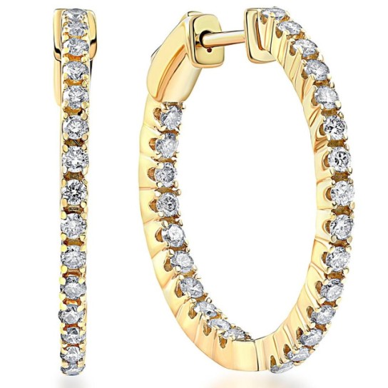 14k White or Yellow Gold 1Ct TW Round Natural Diamond Hoops 1" Tall (I-J, I2-I3)