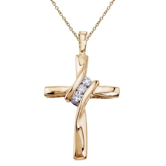 Three Stone Diamond Cross Pendant 10K Yellow Gold (G-H, I2-I3)