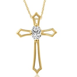 1/3 ct Oval Diamond Cross Solitaire Pendant Yellow Gold Necklace (1' tall) (G-H, I2-I3)