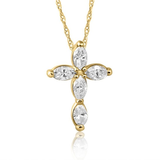 1/2Ct Marquise Diamond Cross Petite Pendant Yellow Necklace Gold (1/2 inch tall) (G-H, I2-I3)