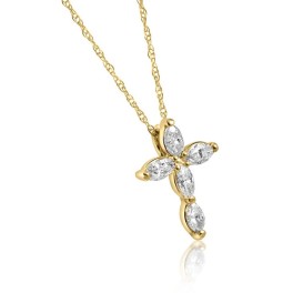 1/2Ct Marquise Diamond Cross Petite Pendant Yellow Necklace Gold (1/2 inch tall) (G-H, I2-I3)