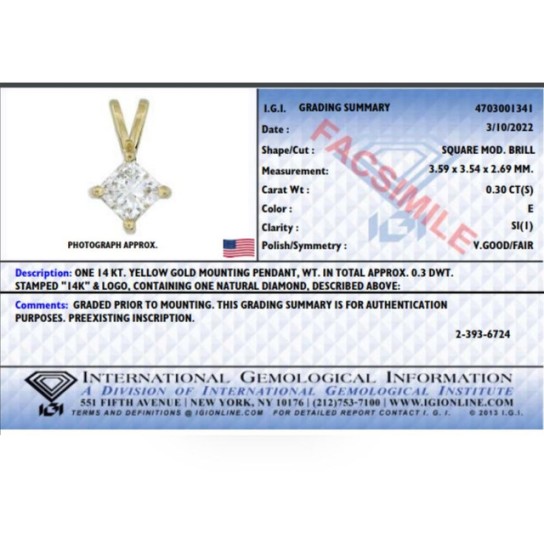 E/SI1 .30Ct Natural Princess Cut Diamond Solitaire Pendant Yellow Gold Neklace (D-E, SI)