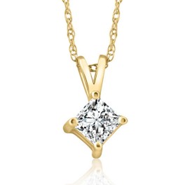 E/SI1 .30Ct Natural Princess Cut Diamond Solitaire Pendant Yellow Gold Neklace (D-E, SI)