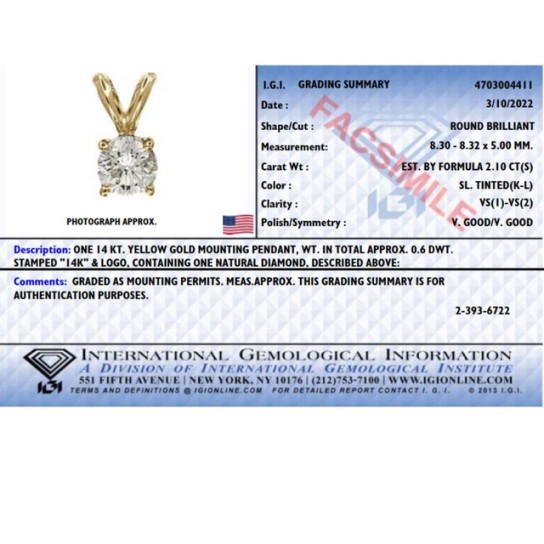 Certified 2.10ct Diamond Solitaire Pendant 14K Yellow Gold Necklace (KL/VS) (K-L, VS)