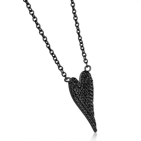 5/8Ct Black Diamond Pave Heart Pendant Necklace in Black Silver 21mm tall (Black, I2-I3)