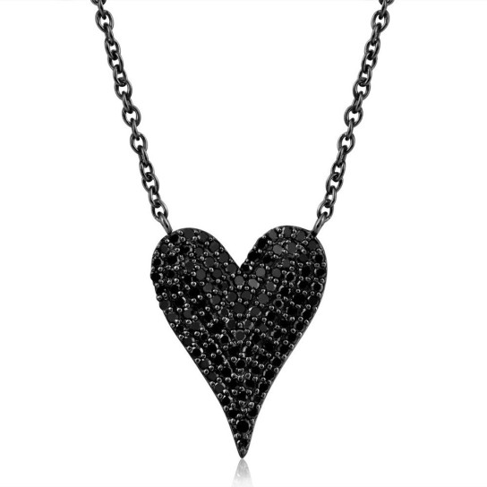 5/8Ct Black Diamond Pave Heart Pendant Necklace in Black Silver 21mm tall (Black, I2-I3)