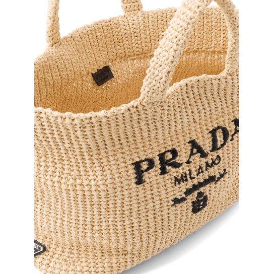 logo-embroidered raffia tote bag