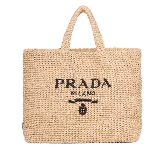 logo-embroidered raffia tote bag