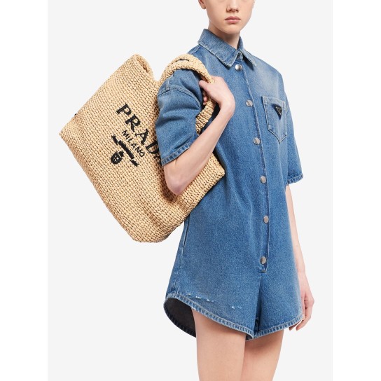 logo-embroidered raffia tote bag