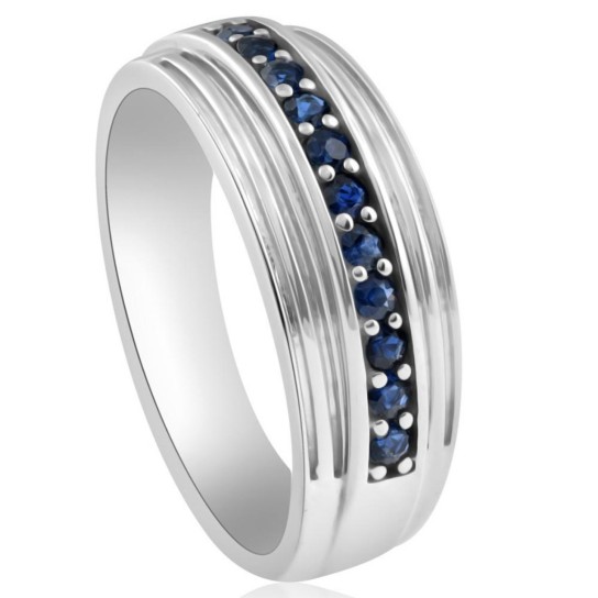 5/8Ct Blue Sapphire Band Men's Wedding Ring in White, Yellow, or Rose Gold