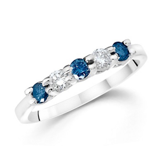 3/4Ct Blue & White Diamond Five Stone Wedding Ring in White Gold (G-H, SI)