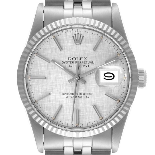 Rolex Datejust Steel White Gold Silver Linen Dial Vintage Watch 16014