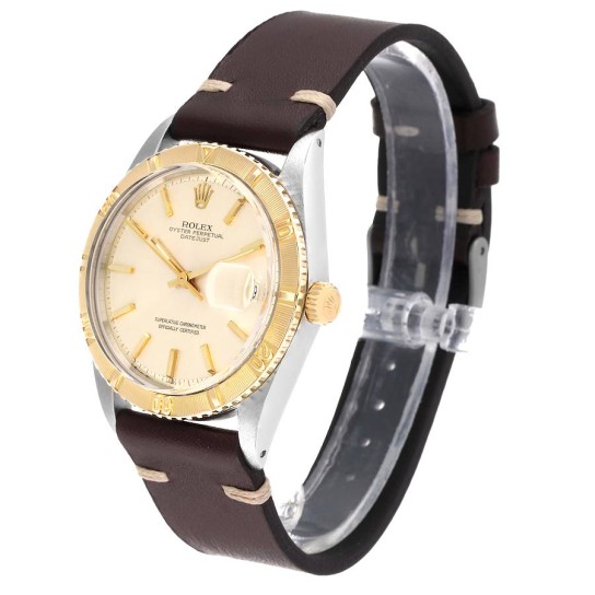 Rolex Turnograph Datejust Steel Yellow Gold Brown Strap Vintage Watch 1625