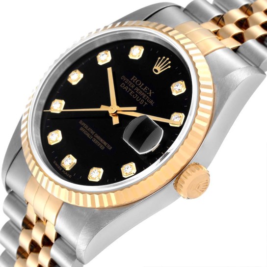 Rolex Datejust Steel Yellow Gold Black Diamond Dial Mens Watch 16233