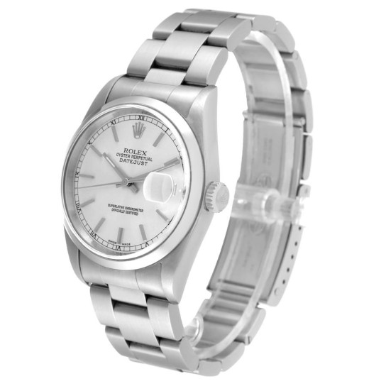 Rolex Datejust 36 Silver Baton Dial Steel Mens Watch 16200 Box Papers