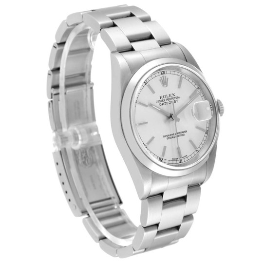 Rolex Datejust 36 Silver Baton Dial Steel Mens Watch 16200 Box Papers